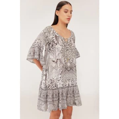 Shop Inoa Scilla Matera Print Tied Ruffle Short Dress Col: Grey