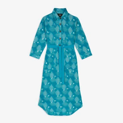 Shop Lowie Handwoven Teal Ikat Shirt Dress