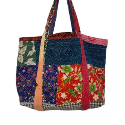 Shop Behotribe  &  Nekewlam Tote Bag Cotton Kantha Patchwork Blue