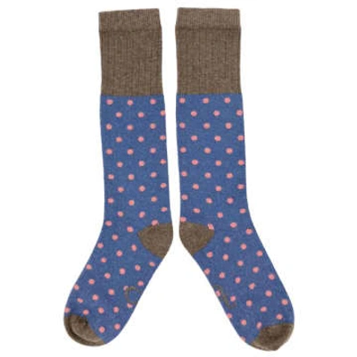 Shop Catherine Tough Lambswool Knee Socks Small Spot 4-7 Denim & Coral In Blue