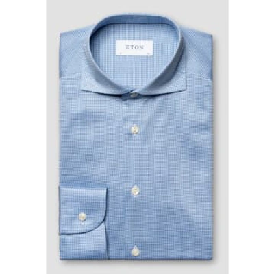 Shop Eton - Light Blue Contemporary Fit Checked Filo Di Scorzia Knitted Shirt 10001170021