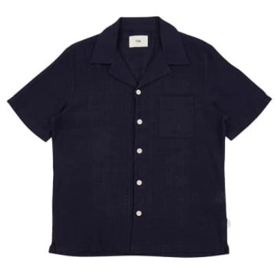 Shop Folk Ss Soft Collar Shirt Open Weave Check Navy In Blue