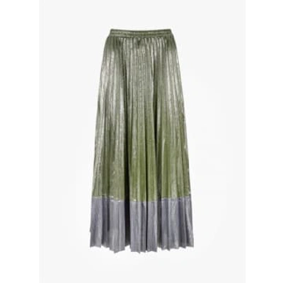 Shop Ange Plisse Skirt In Green And Silver