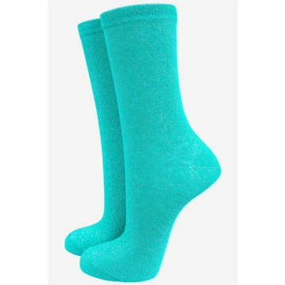 Shop Miss Shorthair Turquoise Cotton Glitter Ankle Socks In Blue
