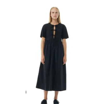 Shop Ganni Poplin Long Tie String Dress In Black