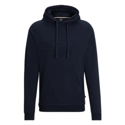Shop Hugo Boss Dark Blue Cotton Terry Hooded Sweatshirt With Embroidered Logo 50511062 404
