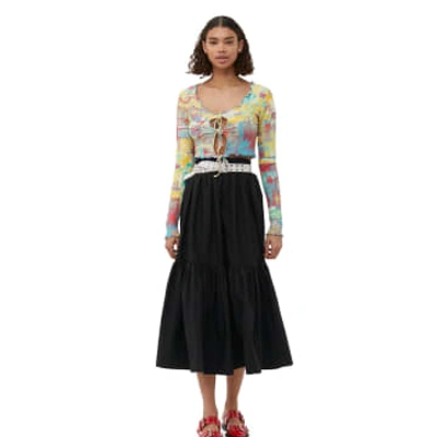 Shop Ganni Cotton Poplin Maxi Flounce Skirt In Black