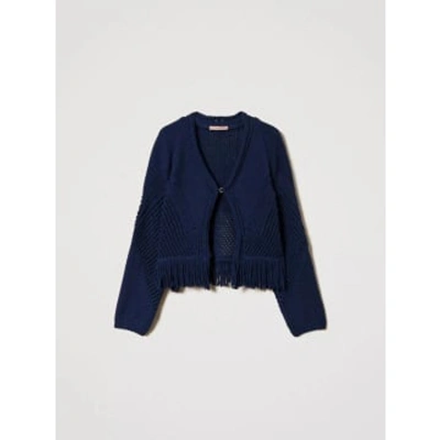 Shop Twinset Cardigan With Fringes Midnight Blue