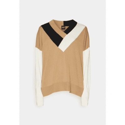 Shop Hugo Boss Boss Floricana V Neck Iconic Jumper Col: 988 Sand, Size: Xs In Neutrals