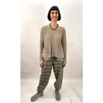 Shop Grizas Linen Sweater In Taupe With Check Pockets