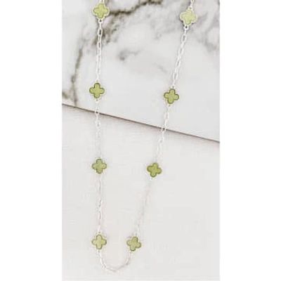 Shop Envy Long Silver Necklace With Pale Green Clovers In Metallic