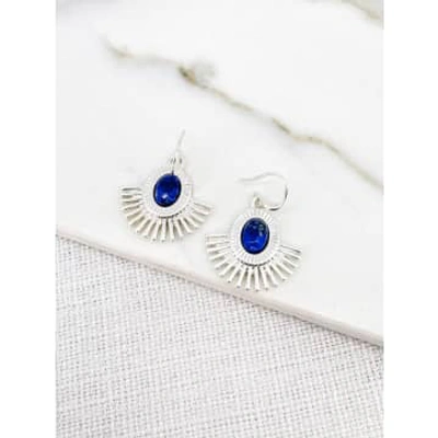 Shop Envy Silver Fan Earrings With Blue Stone In Metallic