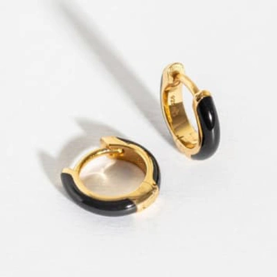 Shop Claire Hill Designs Black Enamel Gold Vermeil Huggie Hoop Earrings By Claire Hill
