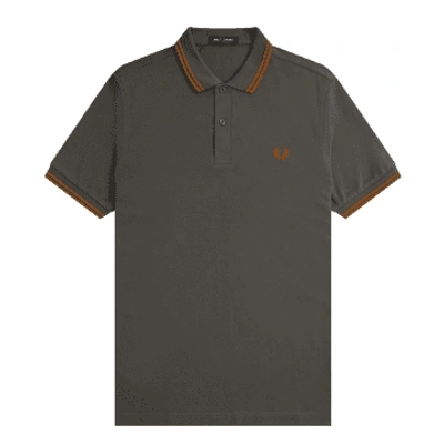 Shop Fred Perry Slim Fit Twin Tipped Polo Field Green & Nut Flake