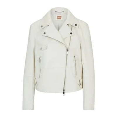 Shop Hugo Boss Boss Sajina Oversize Leather Biker Jacket Col: 118 Open White, Size: 6
