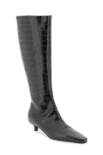 Shop Totême The Slim Knee High Boots In Crocodile Effect Leather