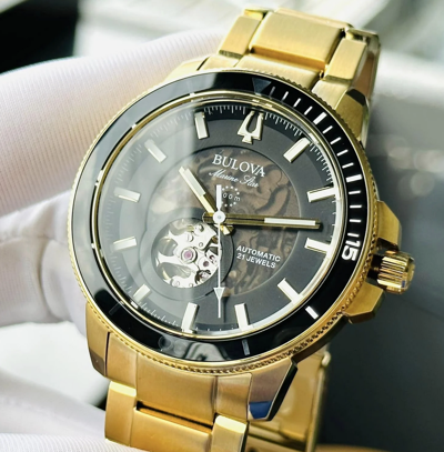 Pre-owned Bulova Gold Tone Men's Marine Star Automatic Black Dial Watch 97a174