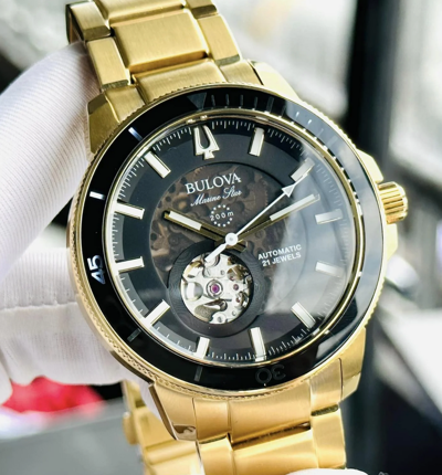 Pre-owned Bulova Gold Tone Men's Marine Star Automatic Black Dial Watch 97a174