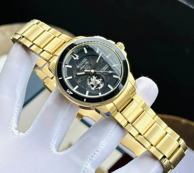 Pre-owned Bulova Gold Tone Men's Marine Star Automatic Black Dial Watch 97a174