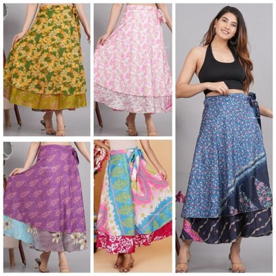 Pre-owned Vintage Wholesale Lot Of 50pcs  Silk Sari Magic Wrap Skirt Beach Wear Skirt Dress In Multicolor