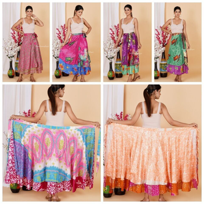 Pre-owned Vintage Wholesale Lot Of 50pcs  Silk Sari Magic Wrap Skirt Beach Wear Skirt Dress In Multicolor