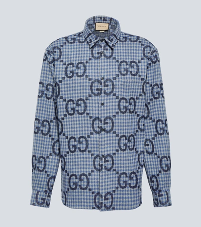Shop Gucci Men Gg Macro Wool Shirt In Blue