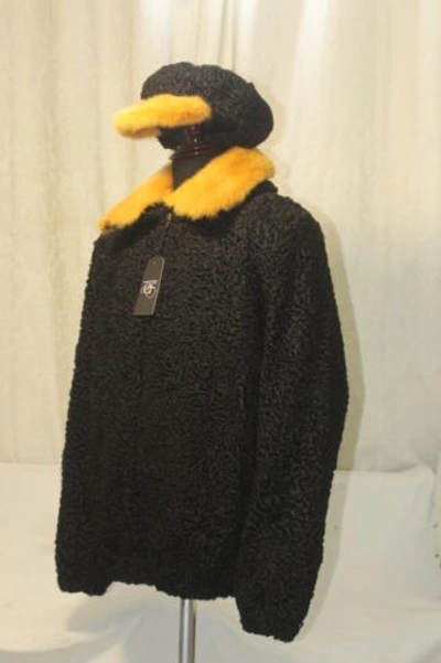 Pre-owned Handmade Man Real Persian Lamb Fur Bomber Jacket Yellow Mink Fur Collar & Hat All Sizes