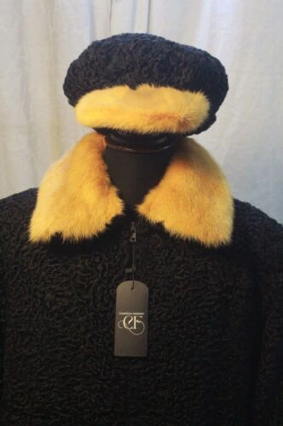 Pre-owned Handmade Man Real Persian Lamb Fur Bomber Jacket Yellow Mink Fur Collar & Hat All Sizes