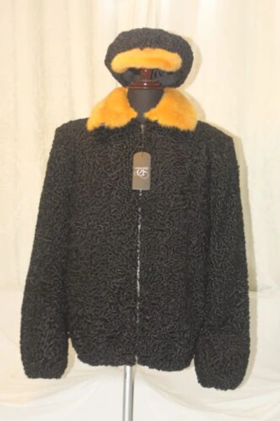 Pre-owned Handmade Man Real Persian Lamb Fur Bomber Jacket Yellow Mink Fur Collar & Hat All Sizes