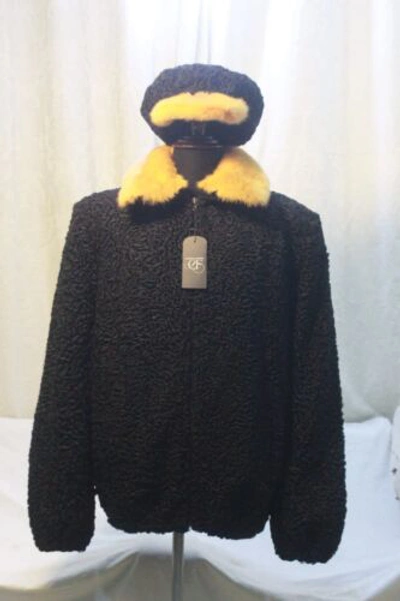 Pre-owned Handmade Man Real Persian Lamb Fur Bomber Jacket Yellow Mink Fur Collar & Hat All Sizes