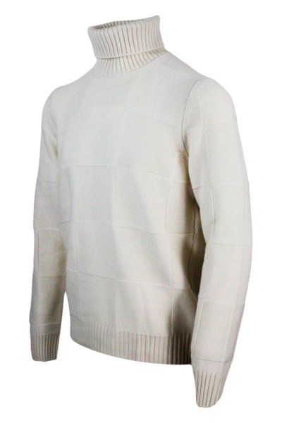 Barba Napoli Turtleneck Sweater In Pure And Soft Cashmere With Alternating Embossed Squares In White