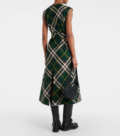 Shop Burberry Check Wool Midi Dress In Green