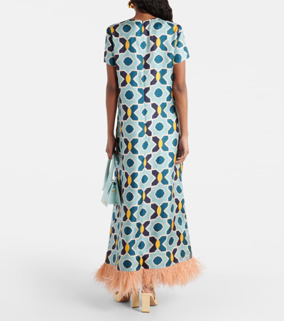 Shop La Doublej Swing Feather-trimmed Silk Maxi Dress In Multicoloured