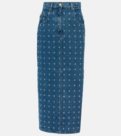 Shop Nina Ricci Distressed Denim Maxi Skirt In Bleu Fonce