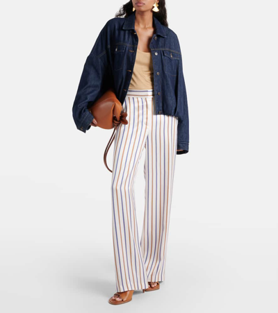 Shop Veronica Beard Grigore Striped Twill Wide-leg Pants In Sand/slate Blue