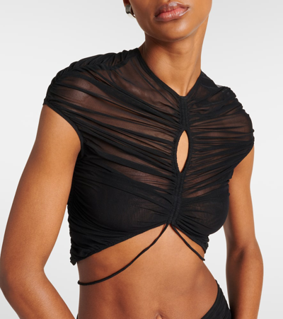 Mugler Short Sleeve Mesh Crop Top In Black