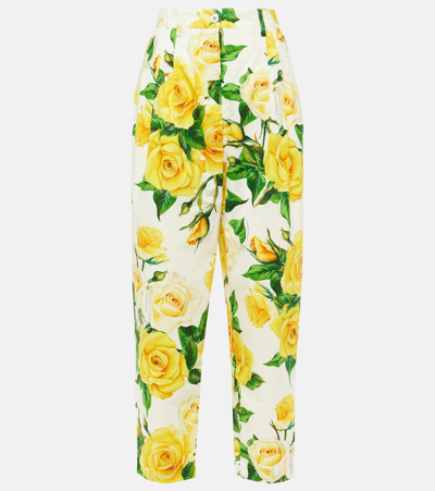 Shop Dolce & Gabbana Floral High-rise Cotton Cropped Pants In Rose Gialle Fdo Bco