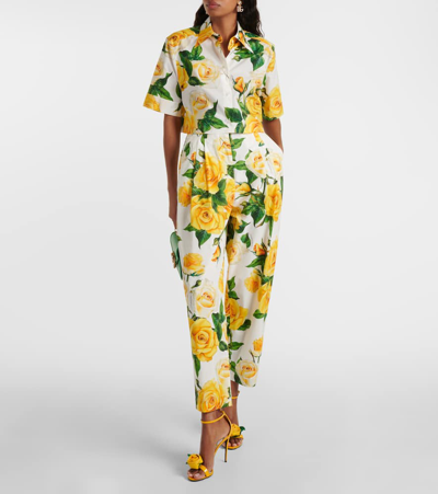 Dolce & Gabbana Floral High-rise Cotton Cropped Pants In Rose Gialle Fdo Bco