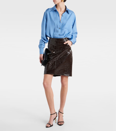Tom Ford Light-blue Pleated Shirt In Silk Blend Woman In Stone Blue