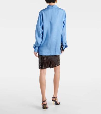 Tom Ford Light-blue Pleated Shirt In Silk Blend Woman In Stone Blue