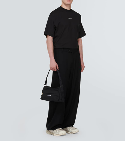 Balenciaga Men Black Crewneck T-shirt With Logo Lettering On The Front And Logo Patch On The Sleeve  In Faded Black