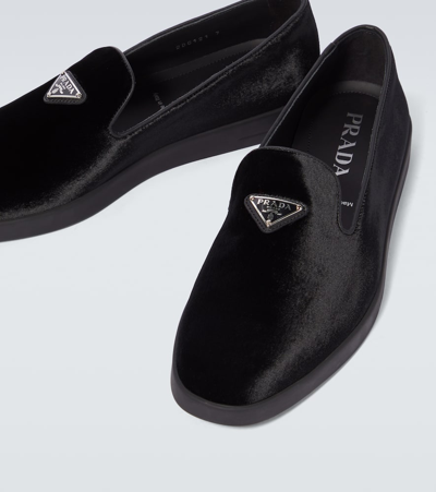 Prada Enamel-triangle-logo Velvet Loafers In Black
