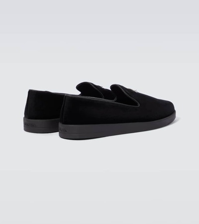 Prada Enamel-triangle-logo Velvet Loafers In Black