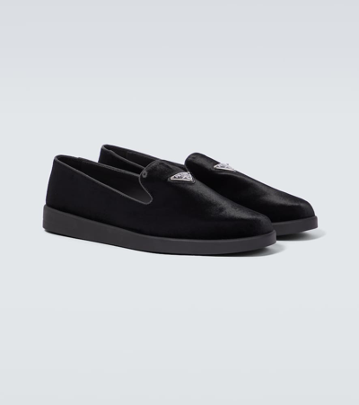 Shop Prada Logo Velvet Loafers In Black