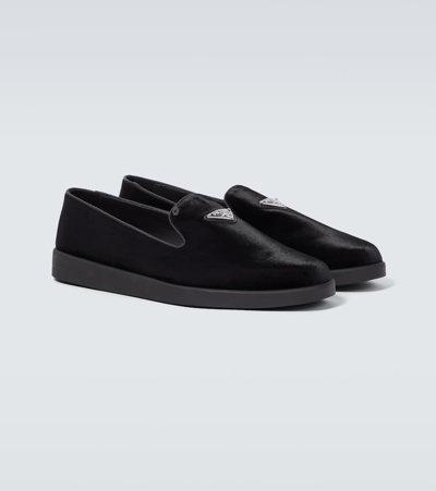 Prada Enamel-triangle-logo Velvet Loafers In Black