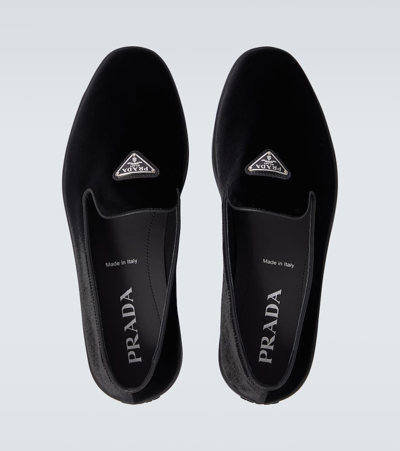 Prada Enamel-triangle-logo Velvet Loafers In Black