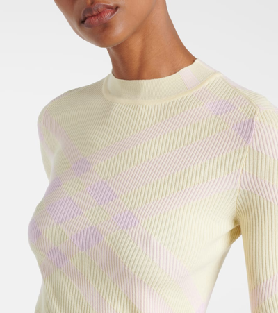 Burberry Crew Neck Ribbed Wool Blend Sweater With Tartan Motif In Yellow