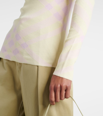 Burberry Crew Neck Ribbed Wool Blend Sweater With Tartan Motif In Yellow