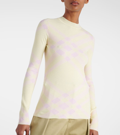 Burberry Crew Neck Ribbed Wool Blend Sweater With Tartan Motif In Yellow