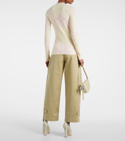 Burberry Crew Neck Ribbed Wool Blend Sweater With Tartan Motif In Yellow